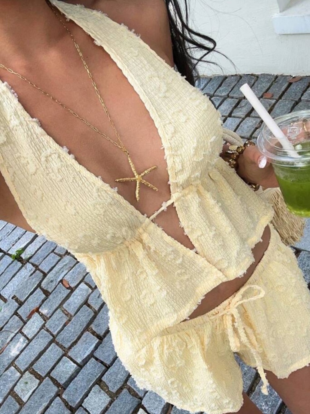 SHEIN Pale Yellow Textured Halter Crop Top & Drawstring Shorts Set
